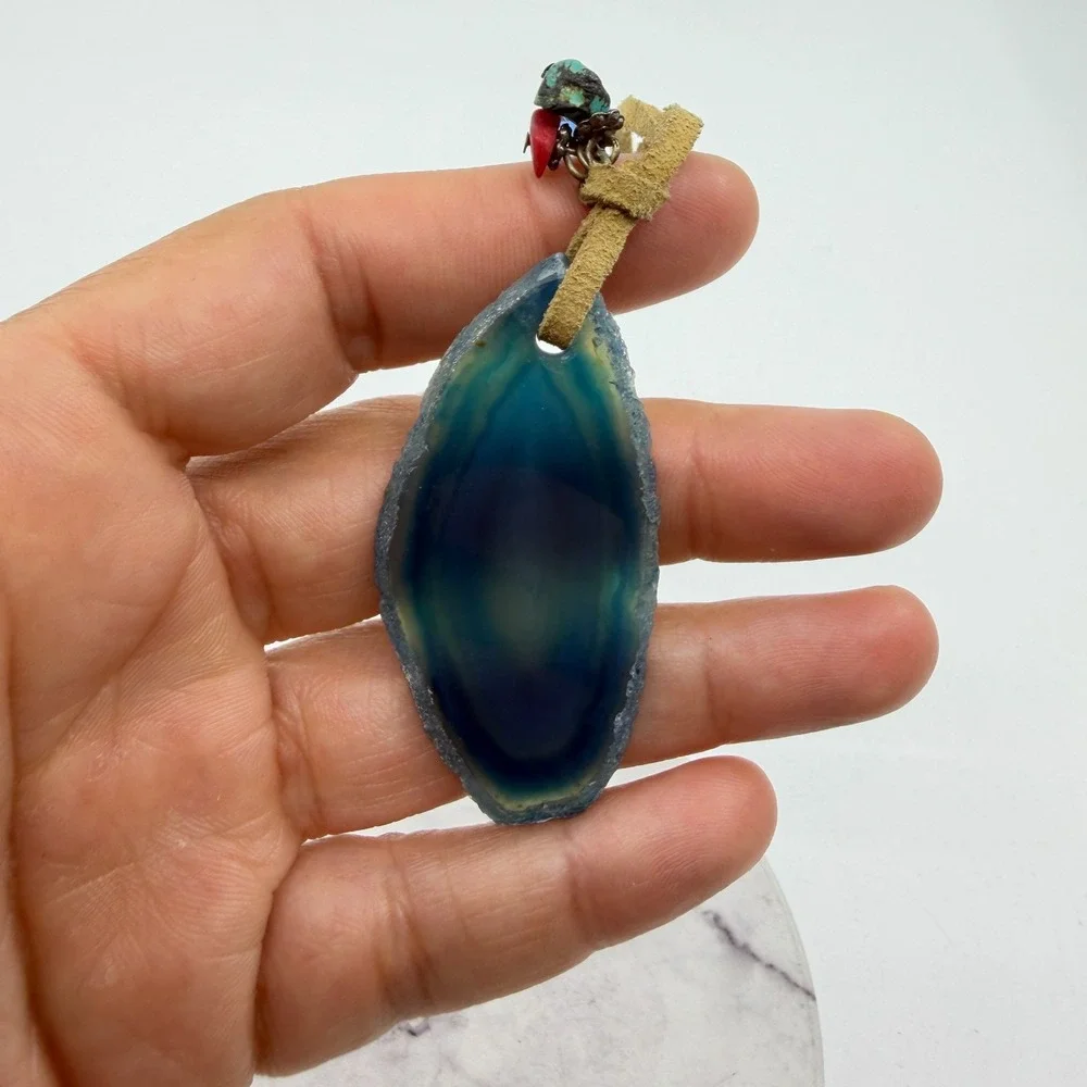 Blue Agate Slice Pendant Necklace Suede Cord Beaded Boho Statement Jewelry Gift